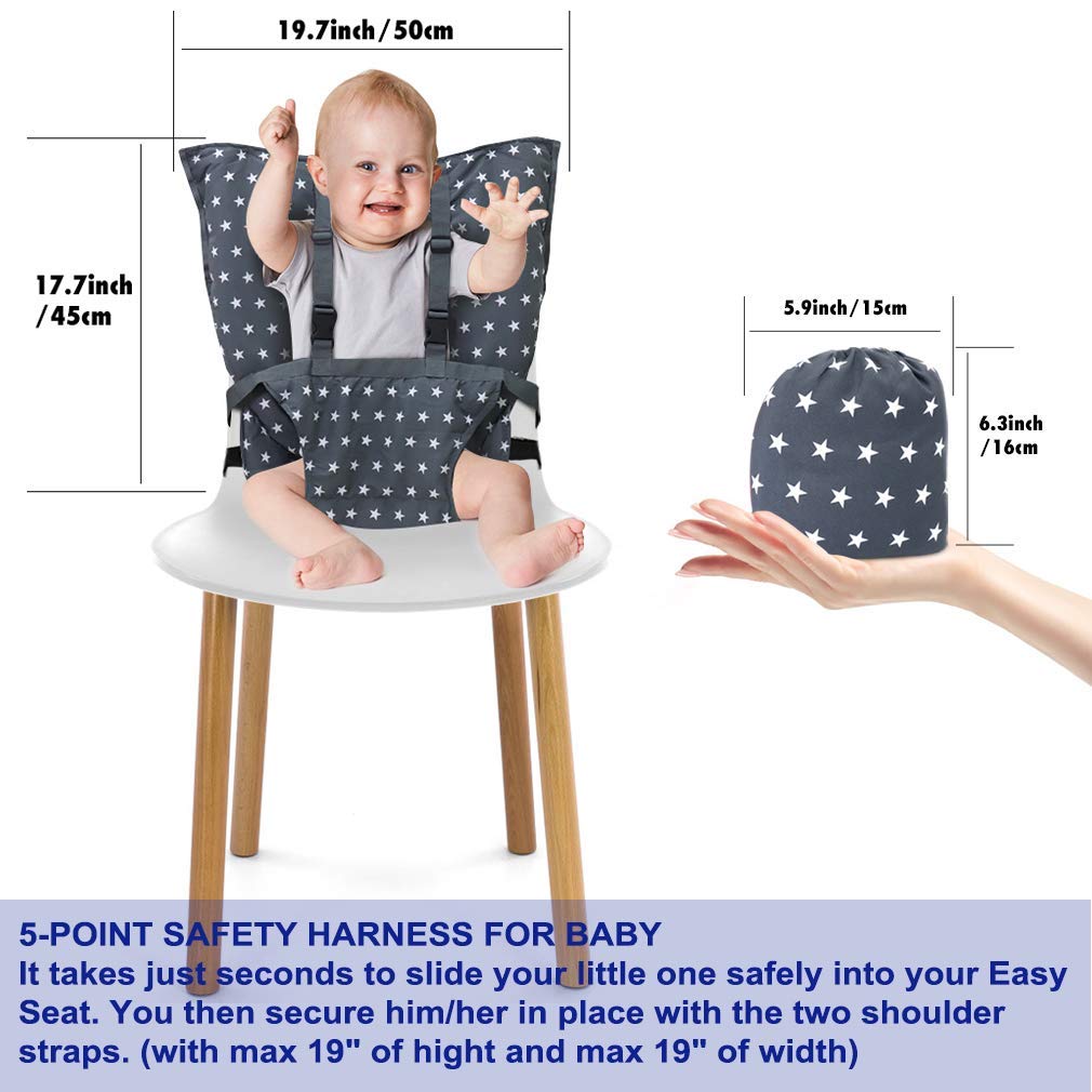 MINGRI portable high chair harness machine-washable text shows easy care after meals.