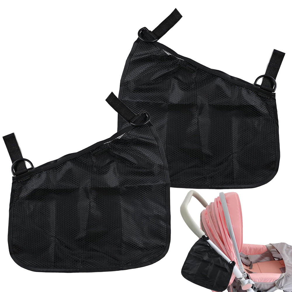 Mingxiong side-sling mesh organizer in black shows easy stroller fit and tidy storage.