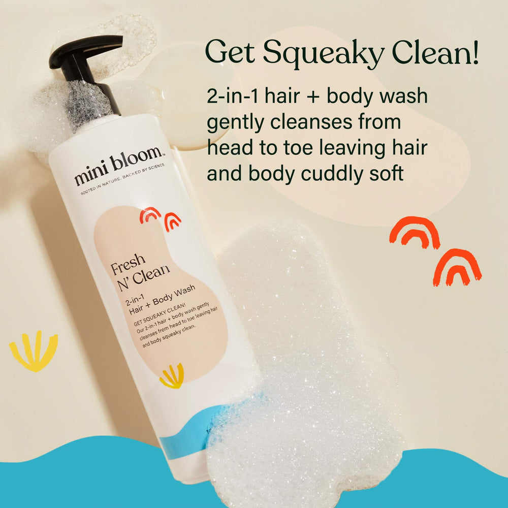 Mini Bloom Fresh N’ Clean soothing lavender scene suggests calming bath experience.