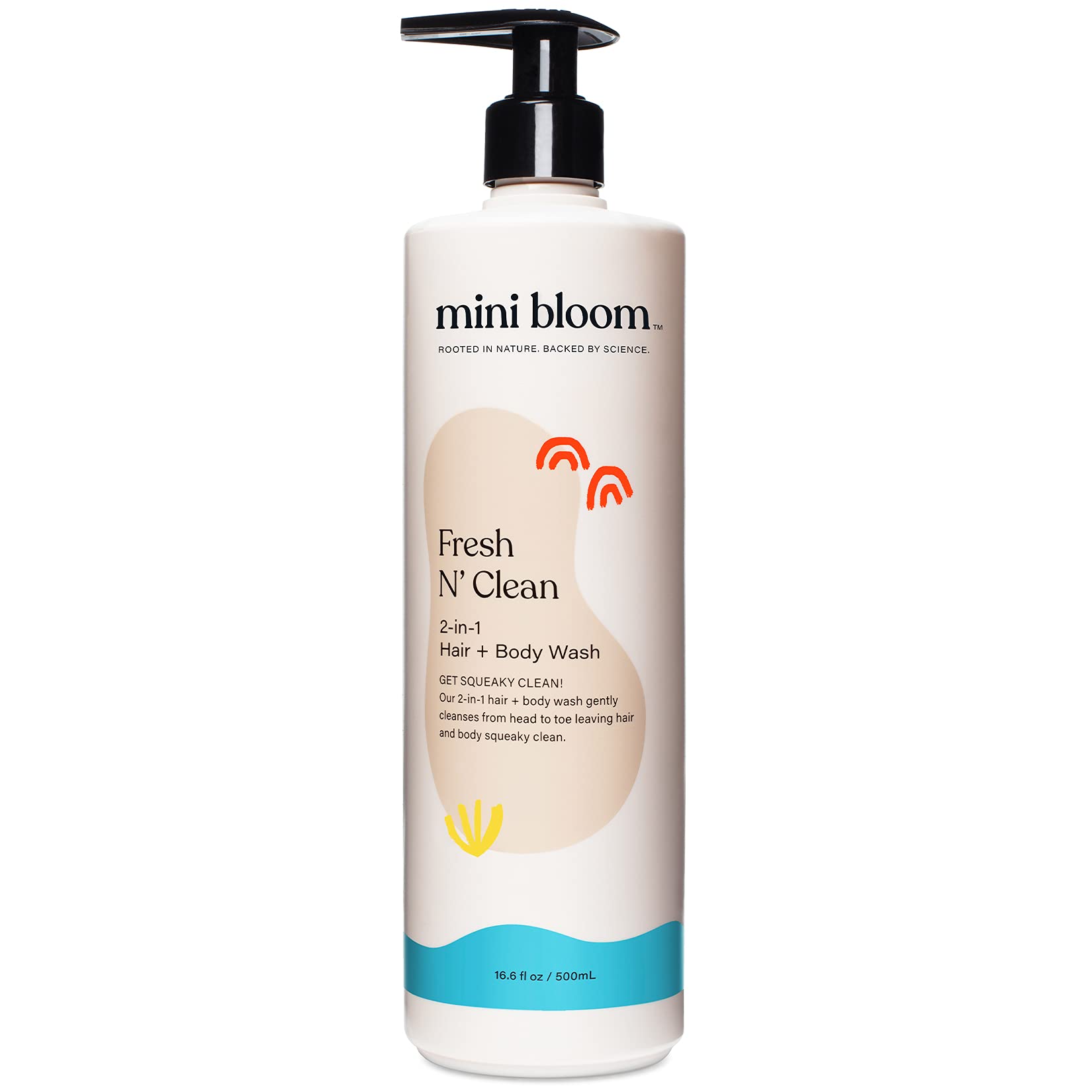 Mini Bloom Fresh N’ Clean bottle showcases sulfate-free formula for gentle head-to-toe cleansing.