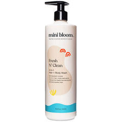 Mini Bloom Fresh N’ Clean bottle showcases sulfate-free formula for gentle head-to-toe cleansing.