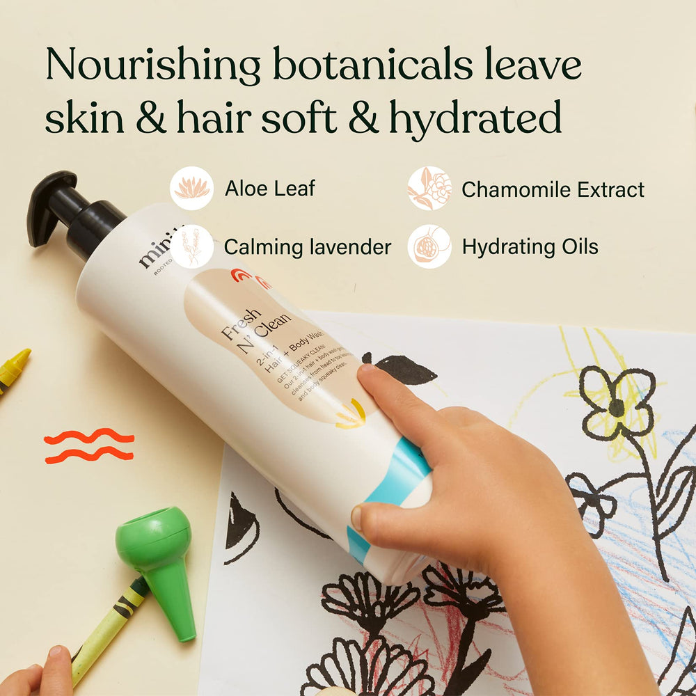Mini Bloom Fresh N’ Clean hair-lather image shows aloe and chamomile hydration.