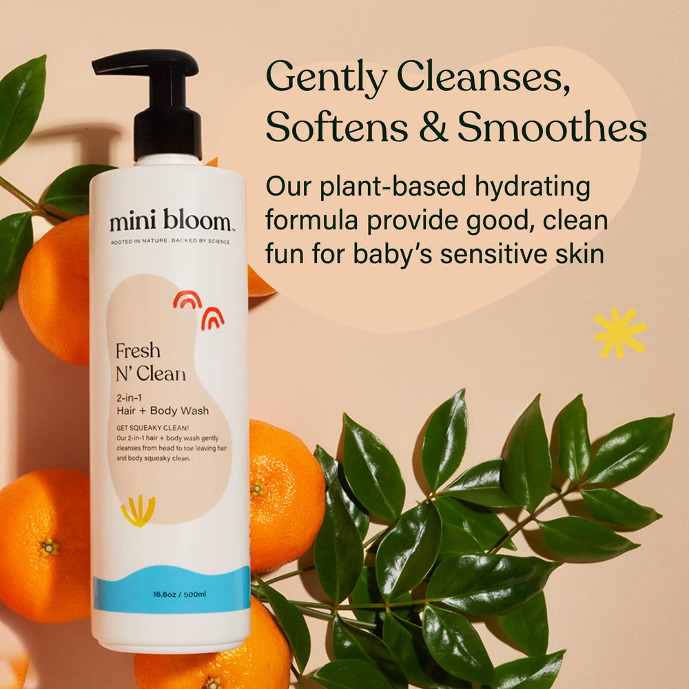 Mini Bloom Fresh N’ Clean pump demonstrates easy, kid-safe cleansing during bath time.