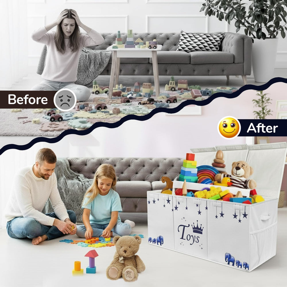 Mini Hide chest with removable dividers for organized sorting of books and plushies.