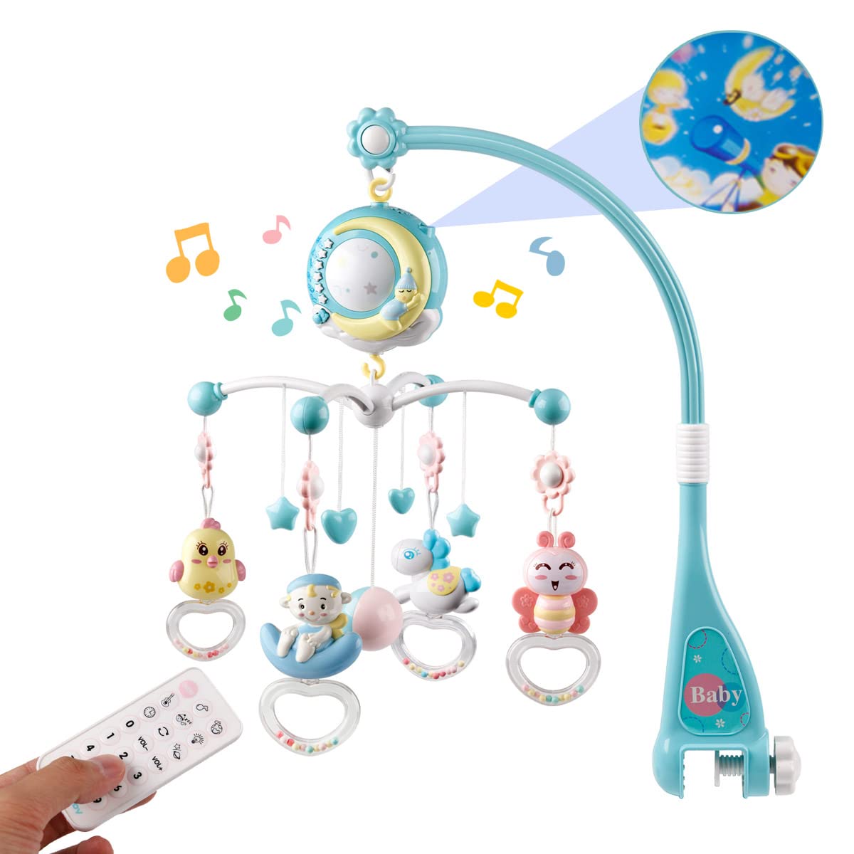 Mini Tudou baby musical mobile crib projection shows soothing star visuals for baby's sleep.