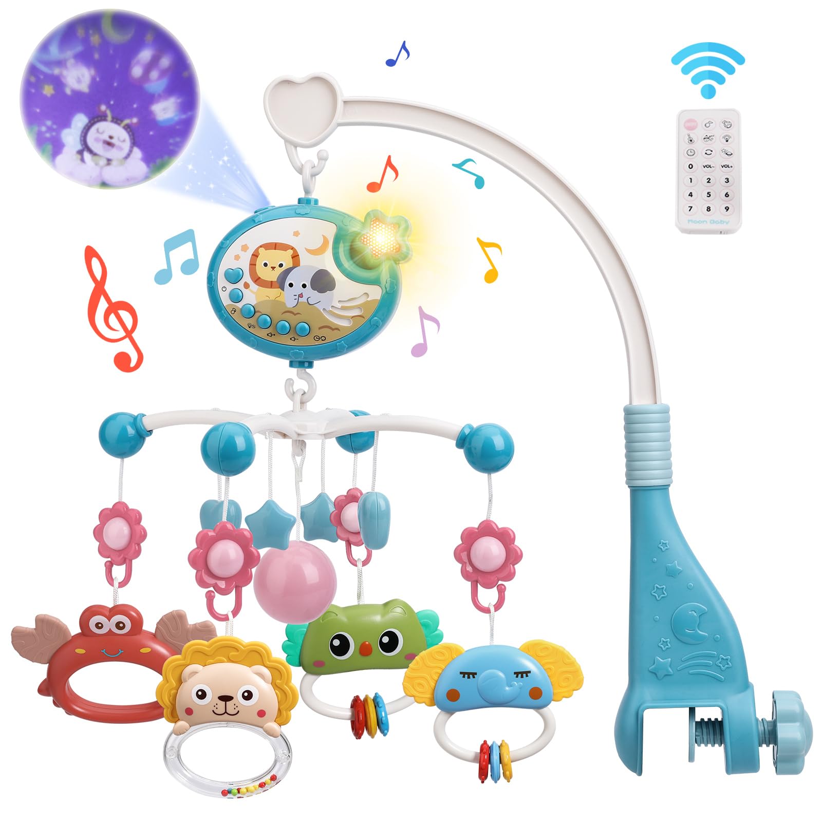 Mini Tudou crib mobile with music and lights and remote control for soothing bedtime routines