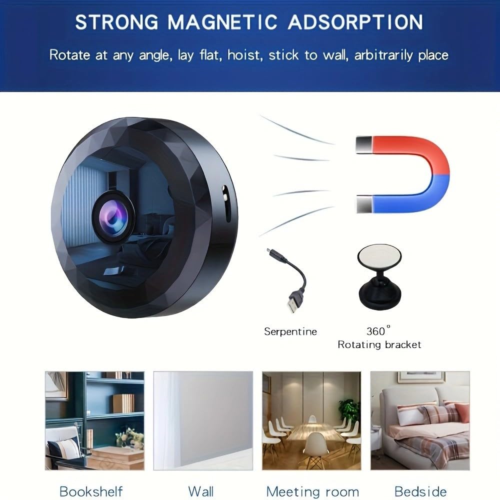 Mini WiFi Security Camera with 150-degree lens covers large rooms and reduces blind spots.