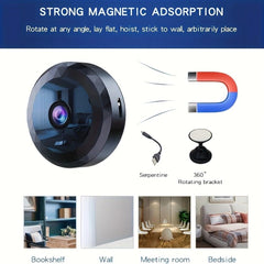 Mini WiFi Security Camera with 150-degree lens covers large rooms and reduces blind spots.