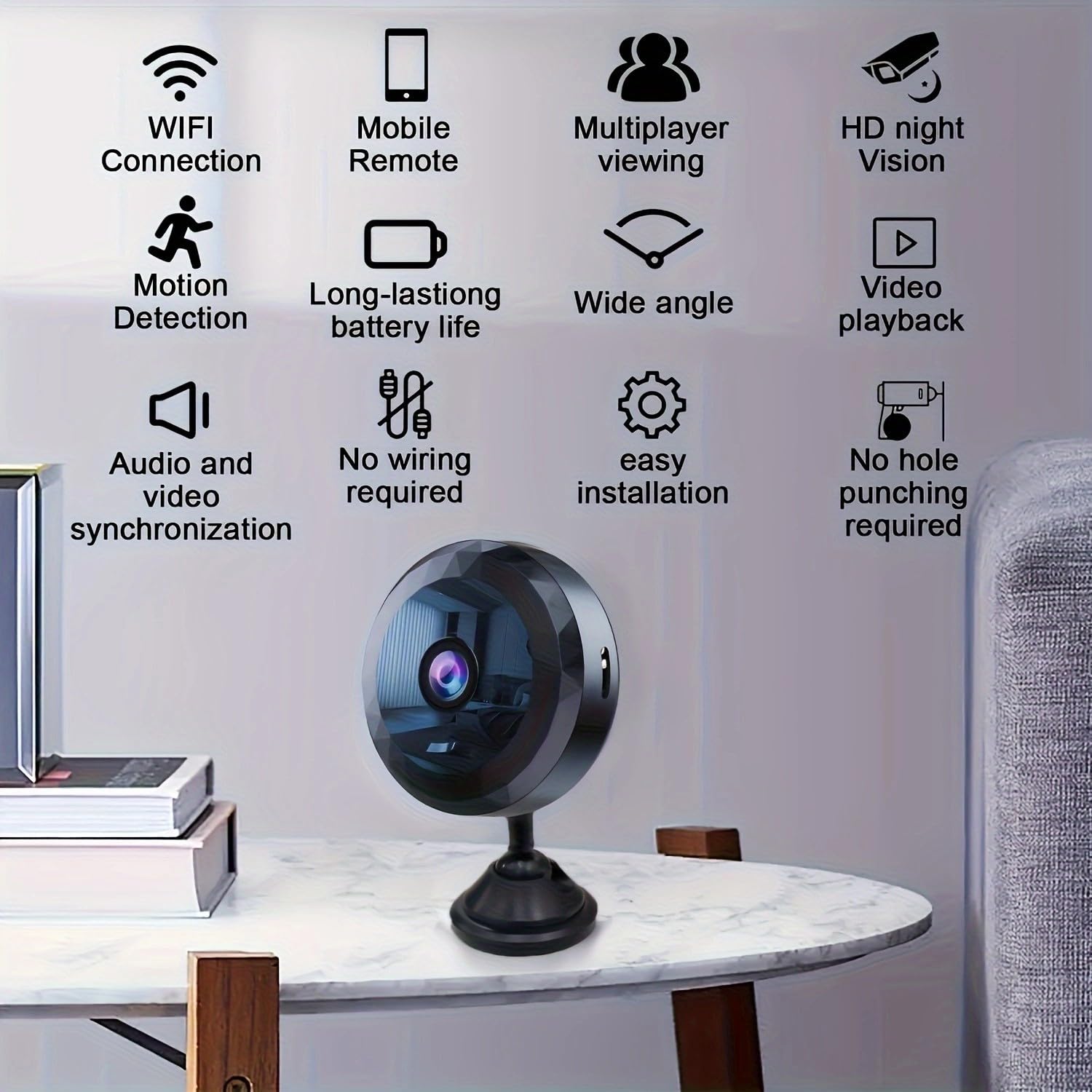 Mini WiFi Security Camera night vision provides clear monitoring in low light.
