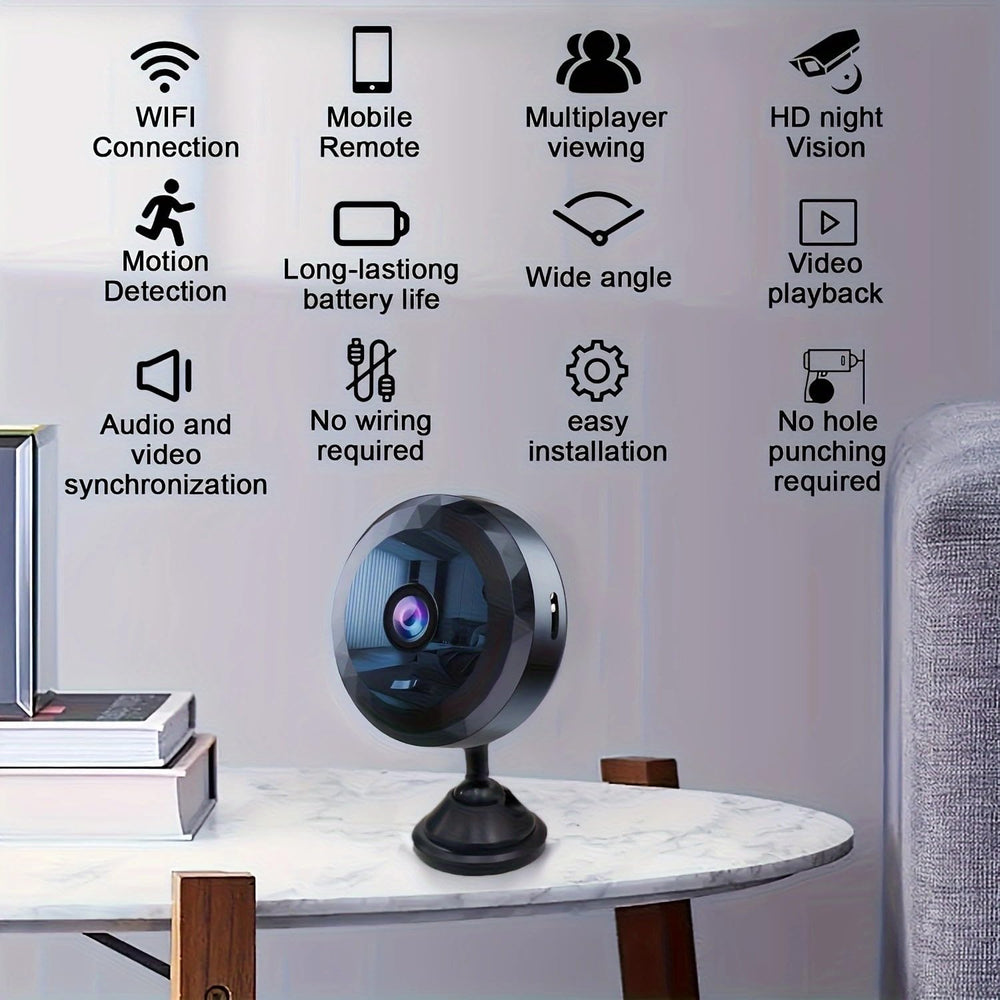 Mini WiFi Security Camera night vision provides clear monitoring in low light.
