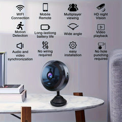 Mini WiFi Security Camera night vision provides clear monitoring in low light.