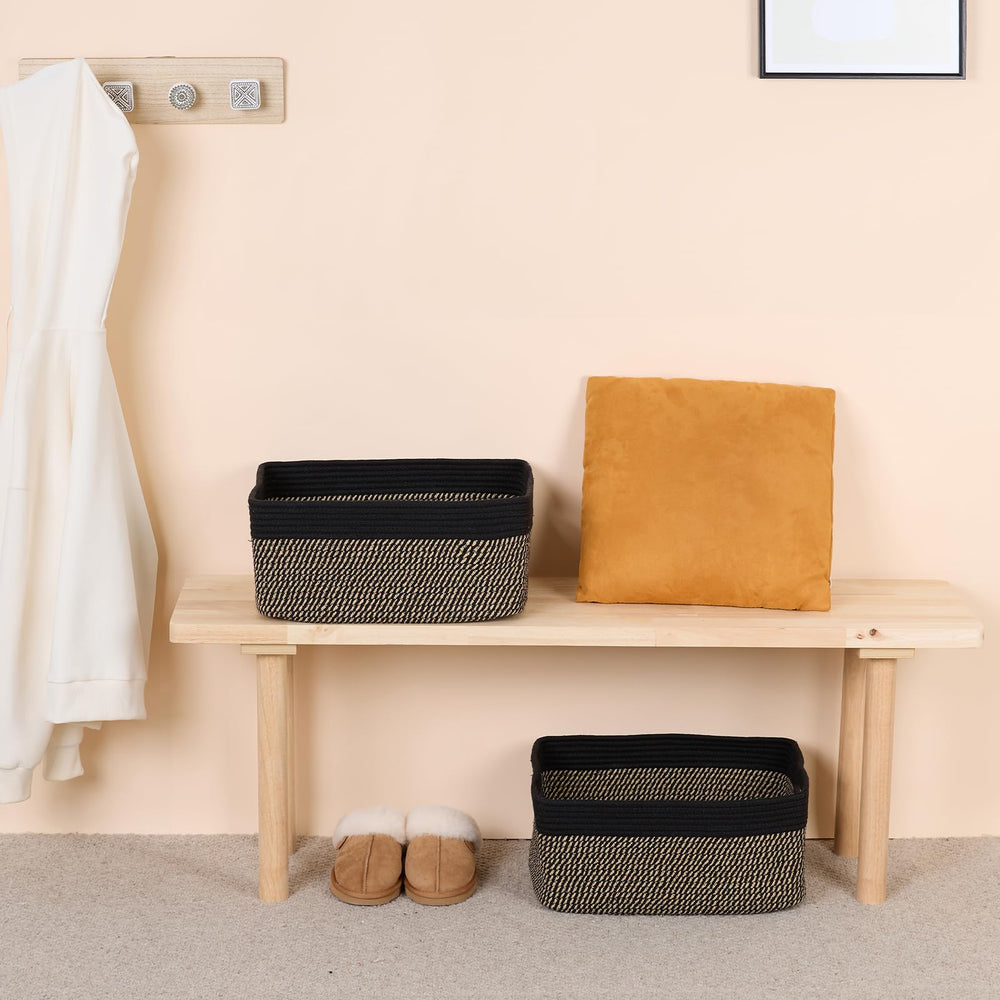MiniArk modern design brown woven basket adds warmth to shelves.