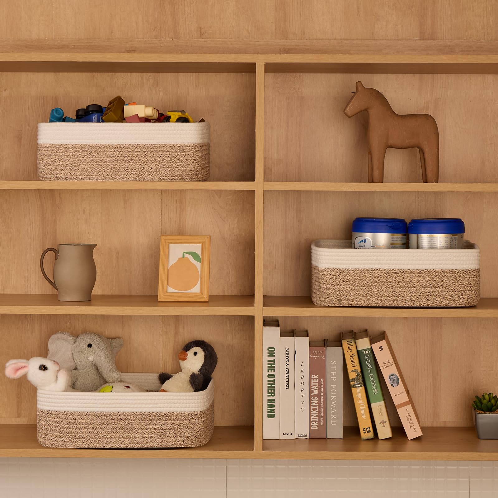 MiniArk basket on a shelf, versatile organizer for desks and wardrobes