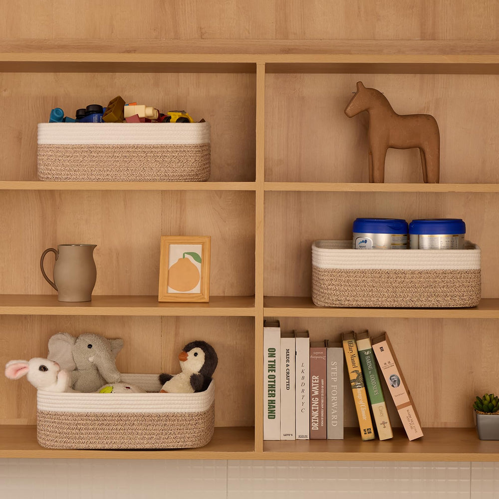 MiniArk basket on a shelf, versatile organizer for desks and wardrobes