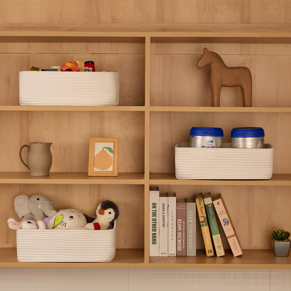 MiniArk bathroom organization baskets on shelf demonstrate clutter reduction.
