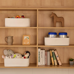 MiniArk bathroom organization baskets on shelf demonstrate clutter reduction.