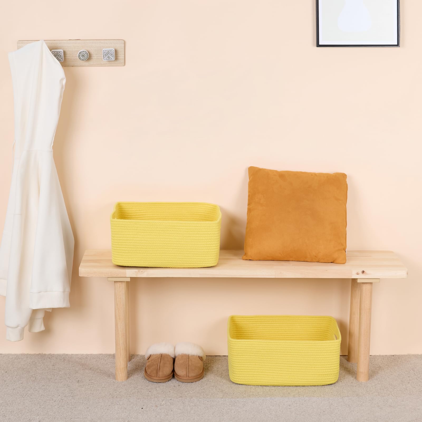 MiniArk blanket and towel baskets yellow folded neatly for bedding storage.