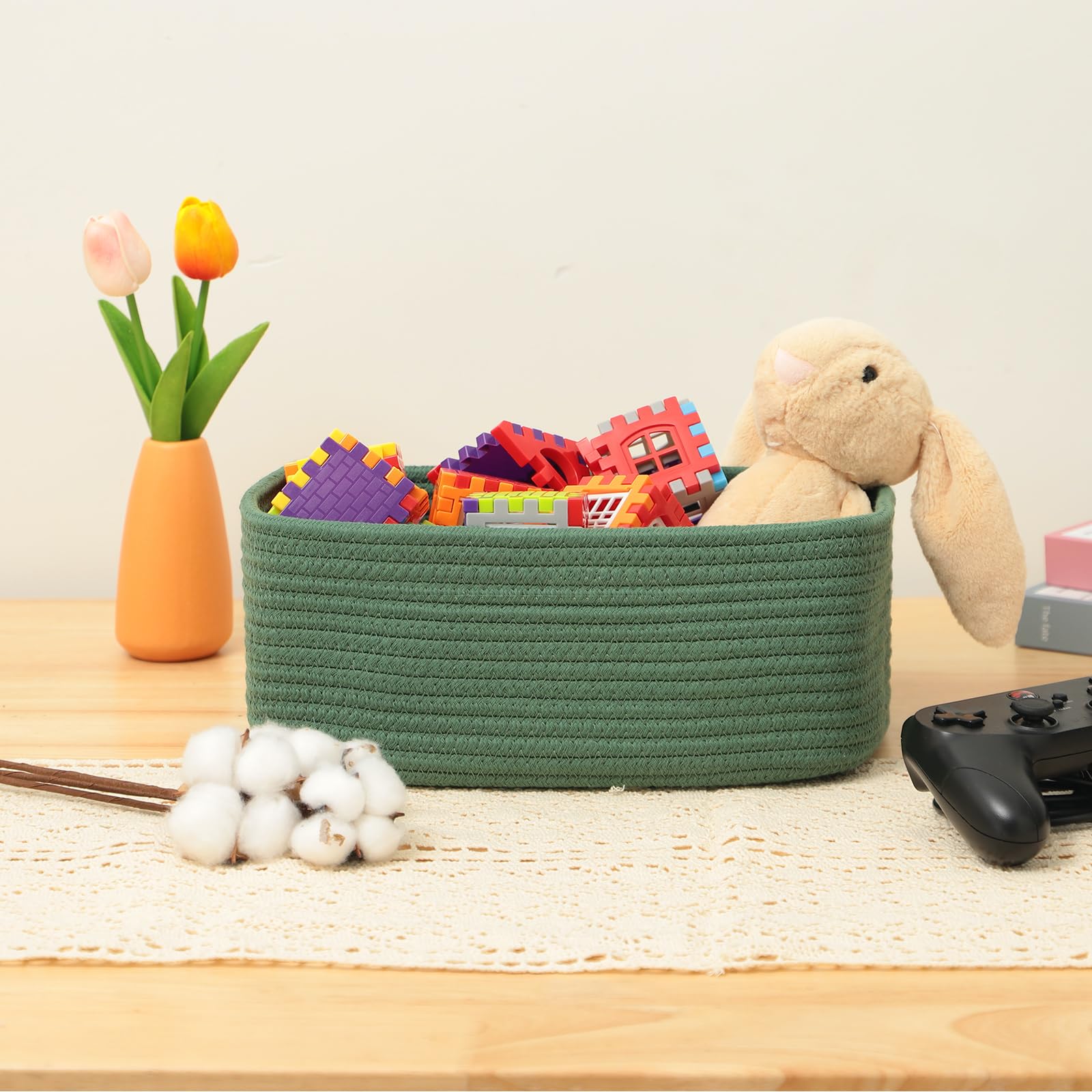 MiniArk shallow basket green ideal for towels, napkins, or accessories.