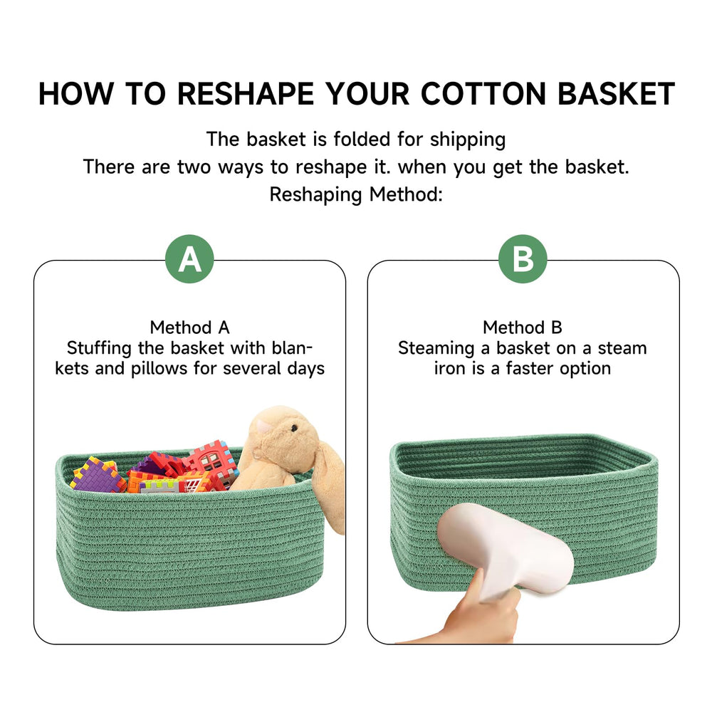 MiniArk green storage baskets look chic on shelves and nightstands.