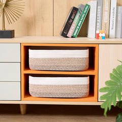MiniArk large basket gradient brown stacked on a shelf illustrates space saving design.