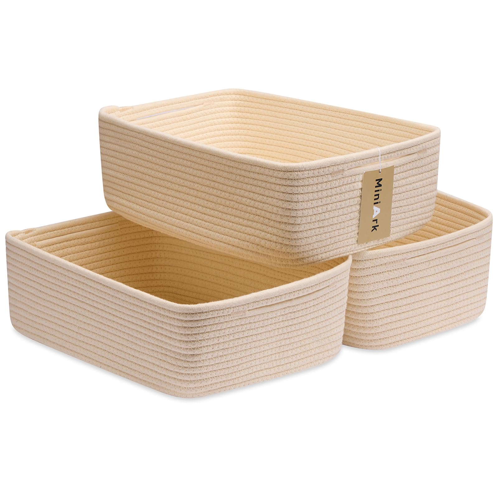 MiniArk large shallow rope-basket for towels, ideal bathroom storage and shelf organization.