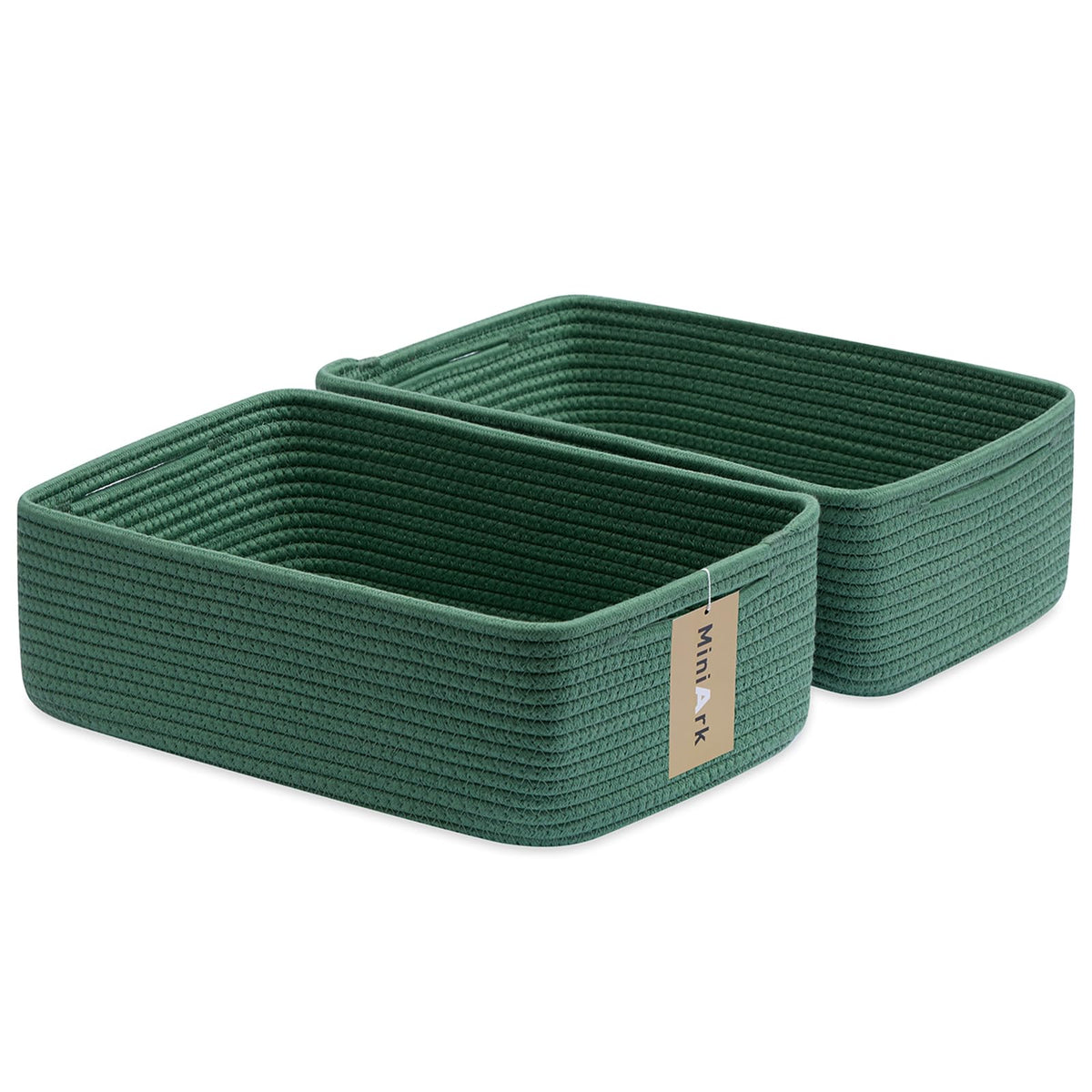 MiniArk large shallow basket front view in green for bathroom storage.