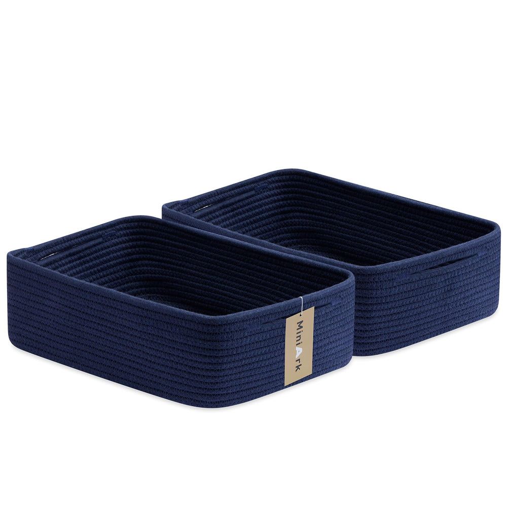 MiniArk large shallow basket navy 1 for towels and toys in a tidy bathroom