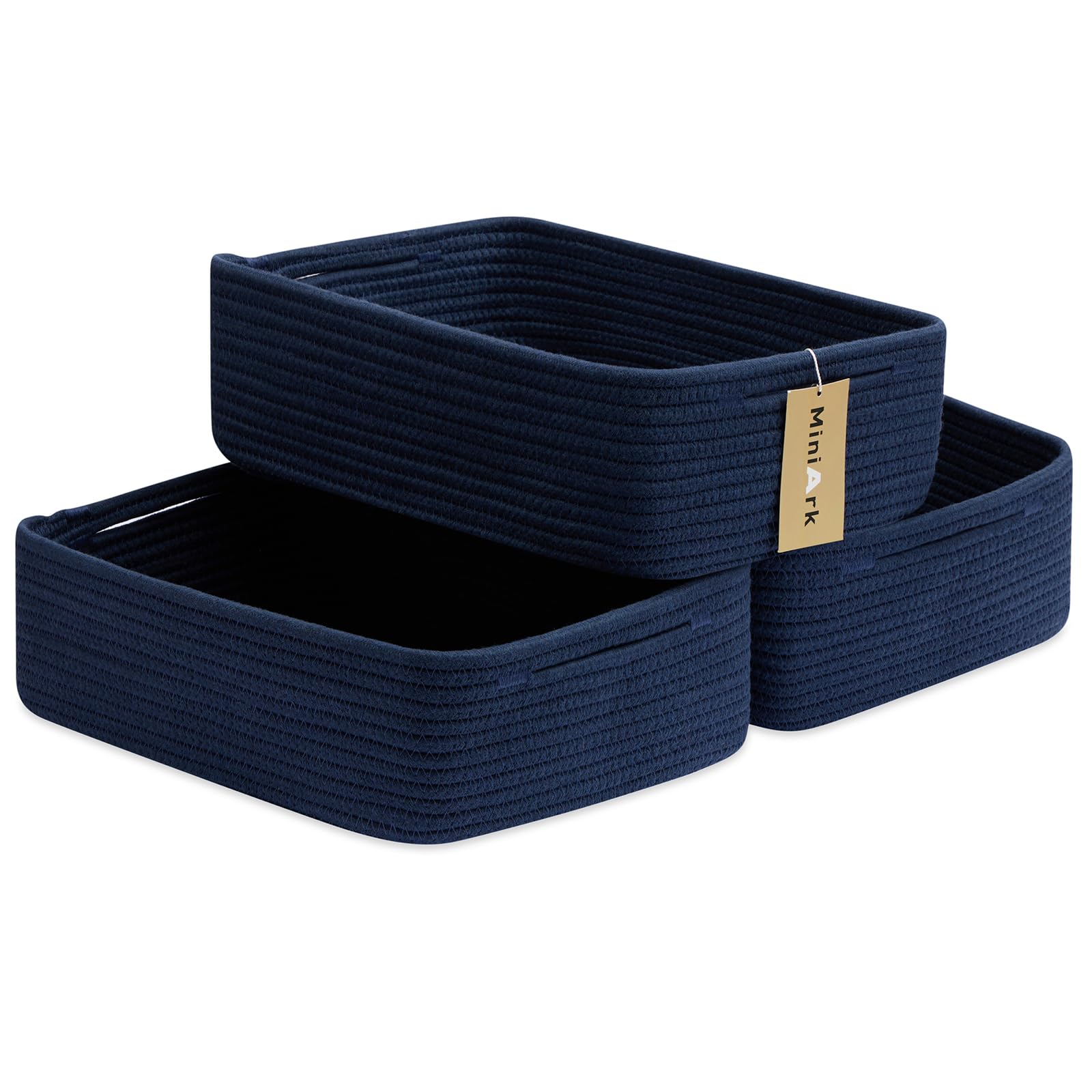 MiniArk large shallow basket navy 3-pack folded for easy storage and reshaping