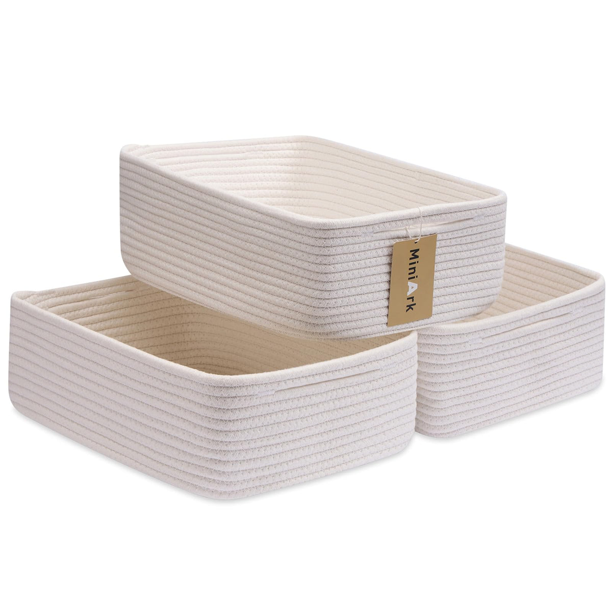 MiniArk large shallow baskets angled view show spacious storage for towels and blankets.