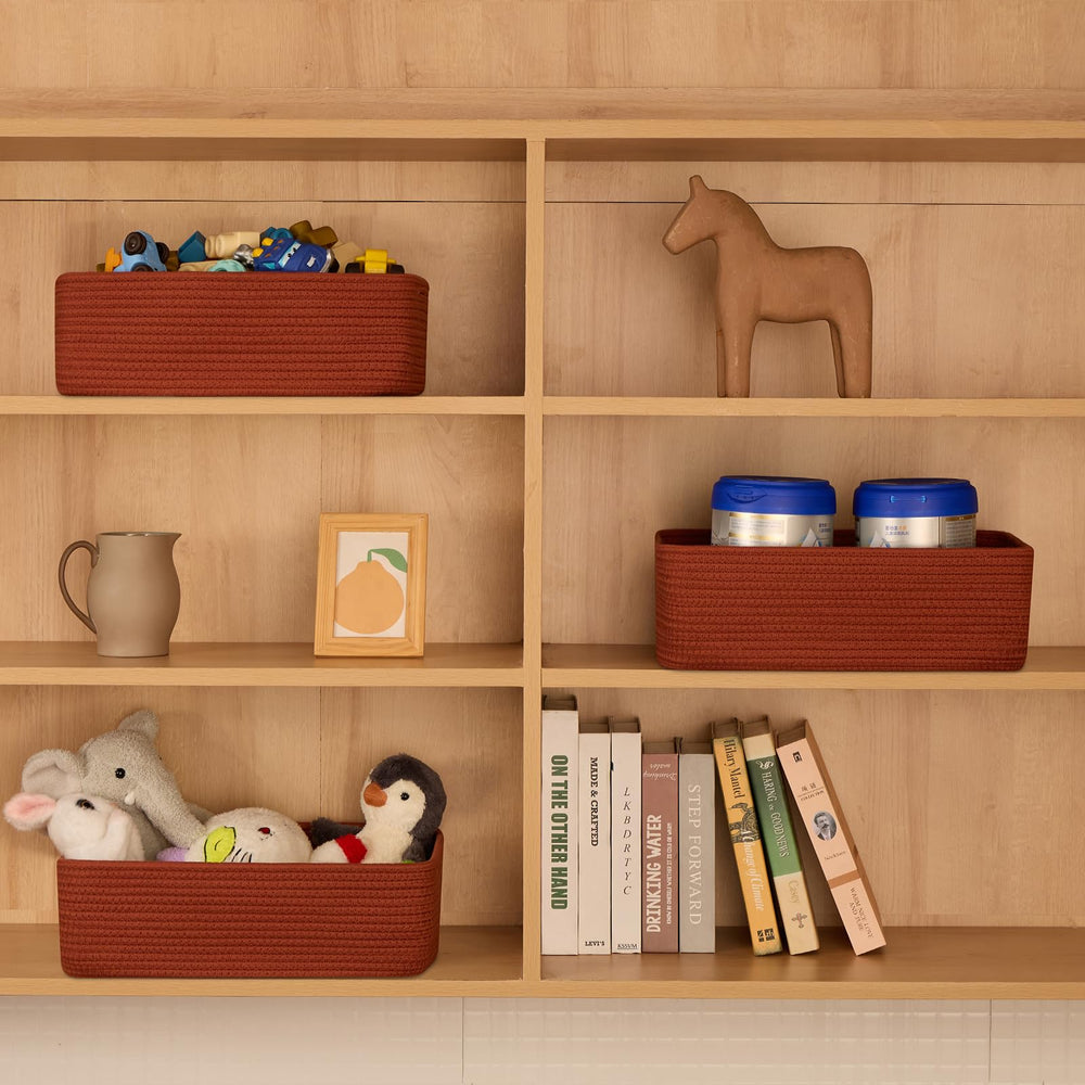 MiniArk large shallow baskets in bathroom with towels keeps essentials neat and accessible