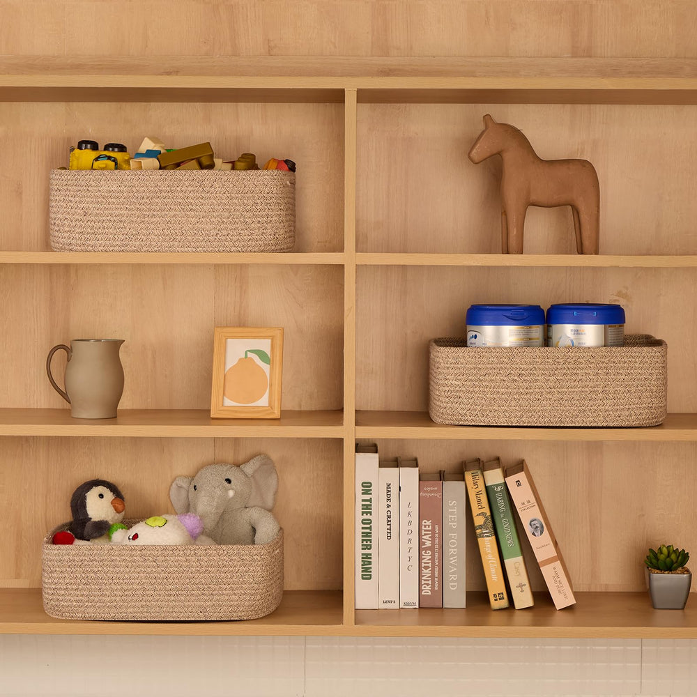 MiniArk Large Shallow Basket on a shelf highlights compact, stylish organization.