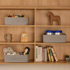 MiniArk large shallow baskets used for towels storage and quick bathroom access.