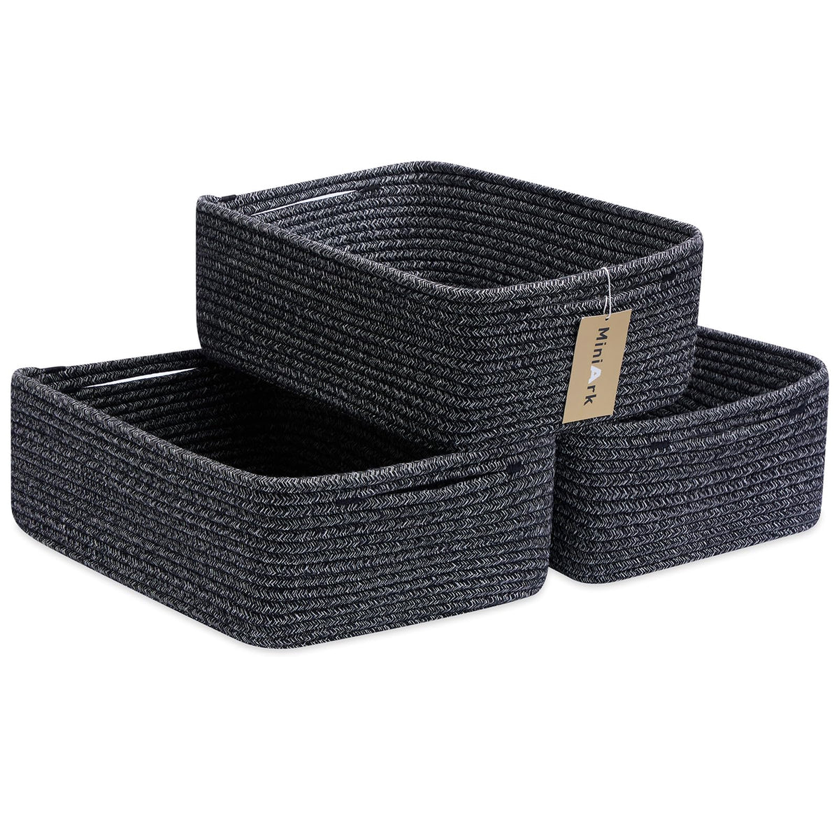 MiniArk large shallow baskets with towels provide organized bathroom storage.
