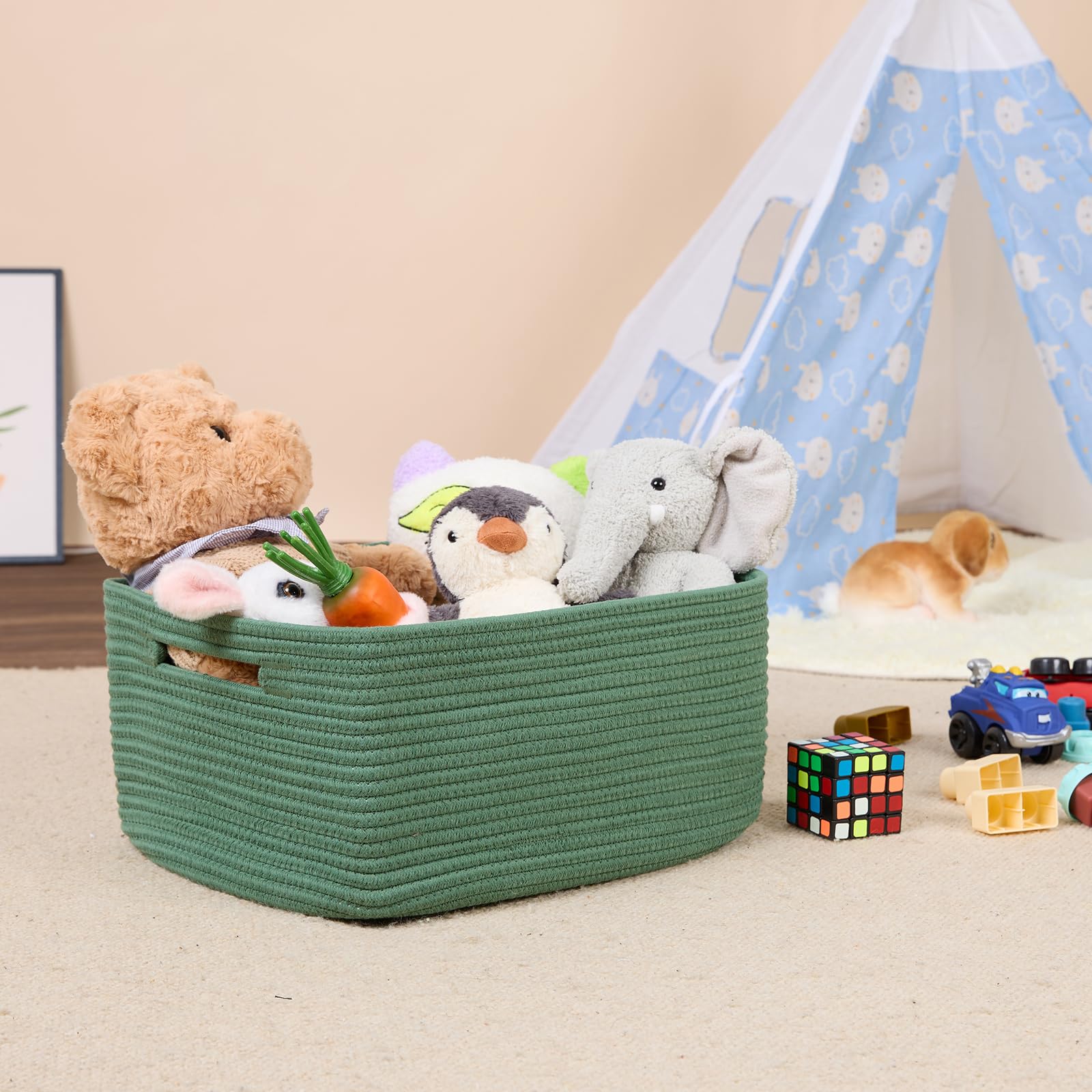 MiniArk large storage basket green filled with clothes for closet organization