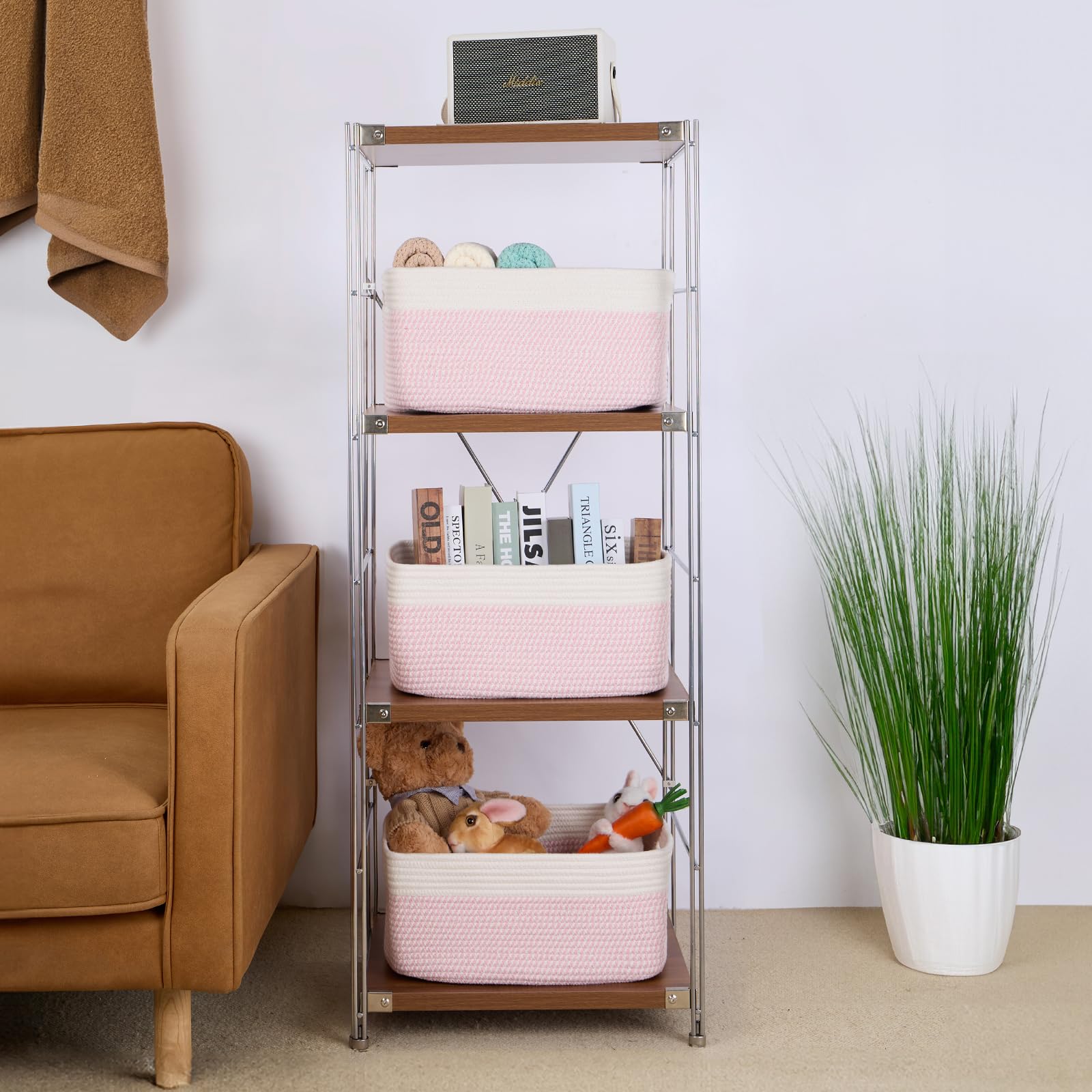 MiniArk large storage basket pink filled with blankets illustrates cozy textile storage