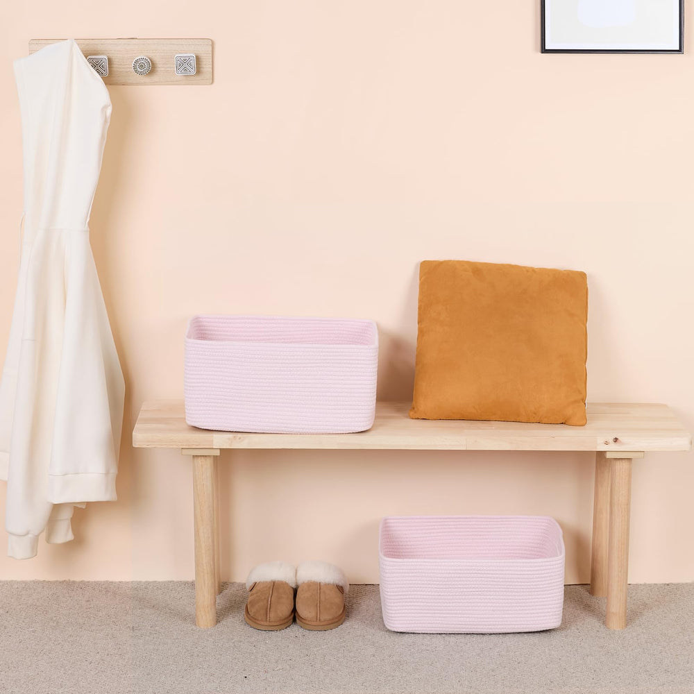 MiniArk light-pink baskets in nursery drawer setup for blankets and clothing