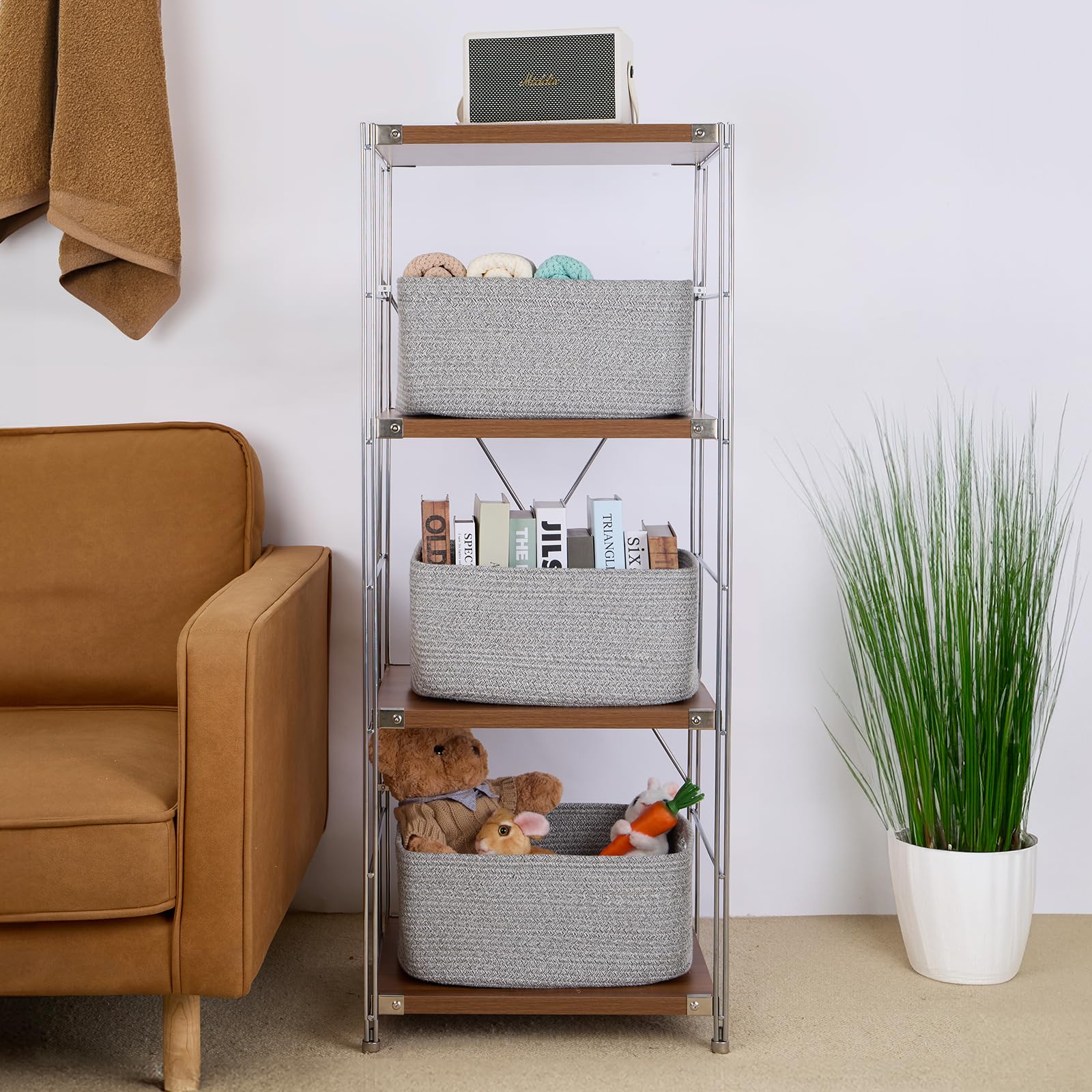 MiniArk large storage baskets placed in a closet for organized clothing and towels