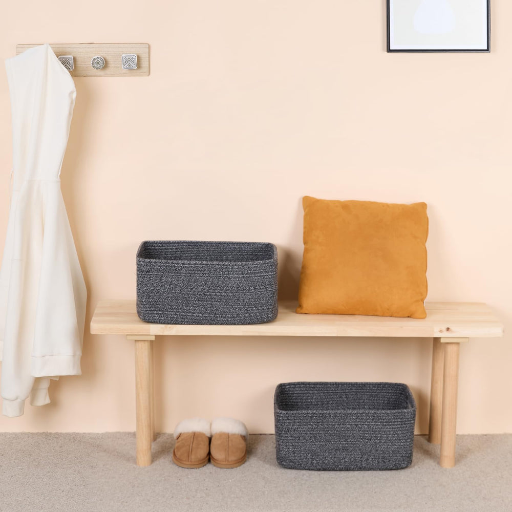 MiniArk large storage baskets closet organization with folded clothes and towels.