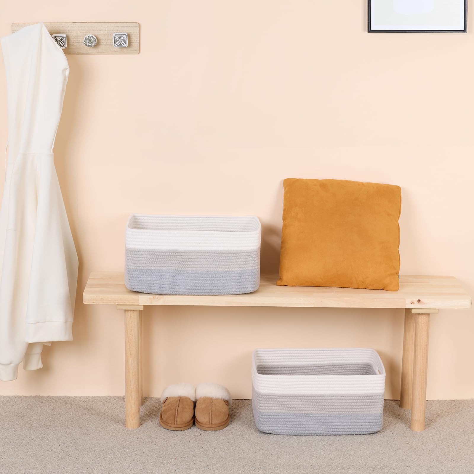 MiniArk gradient grey basket holding baby blankets demonstrates nursery organization potential