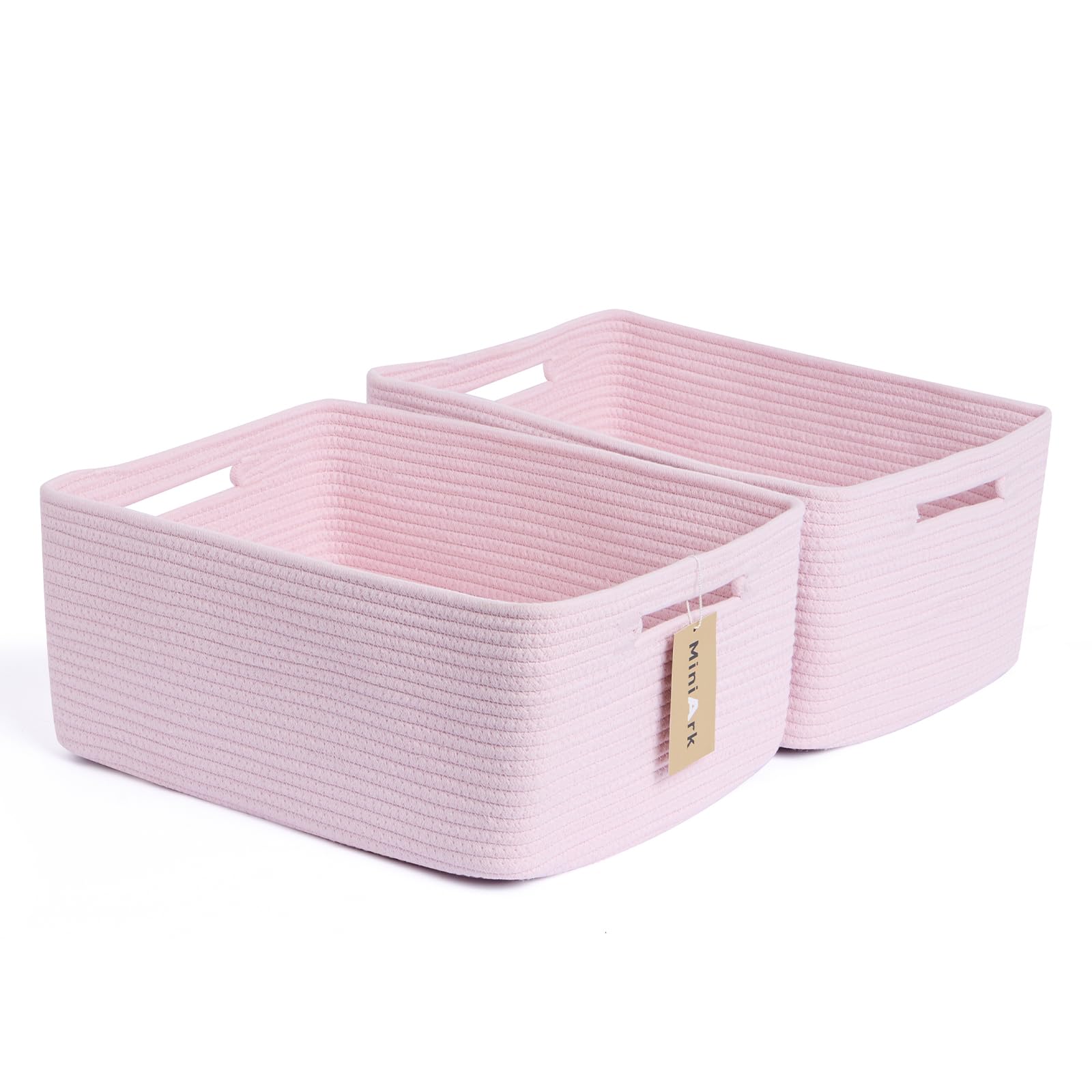 MiniArk large storage baskets in light pink on shelf for nursery organization and easy access.