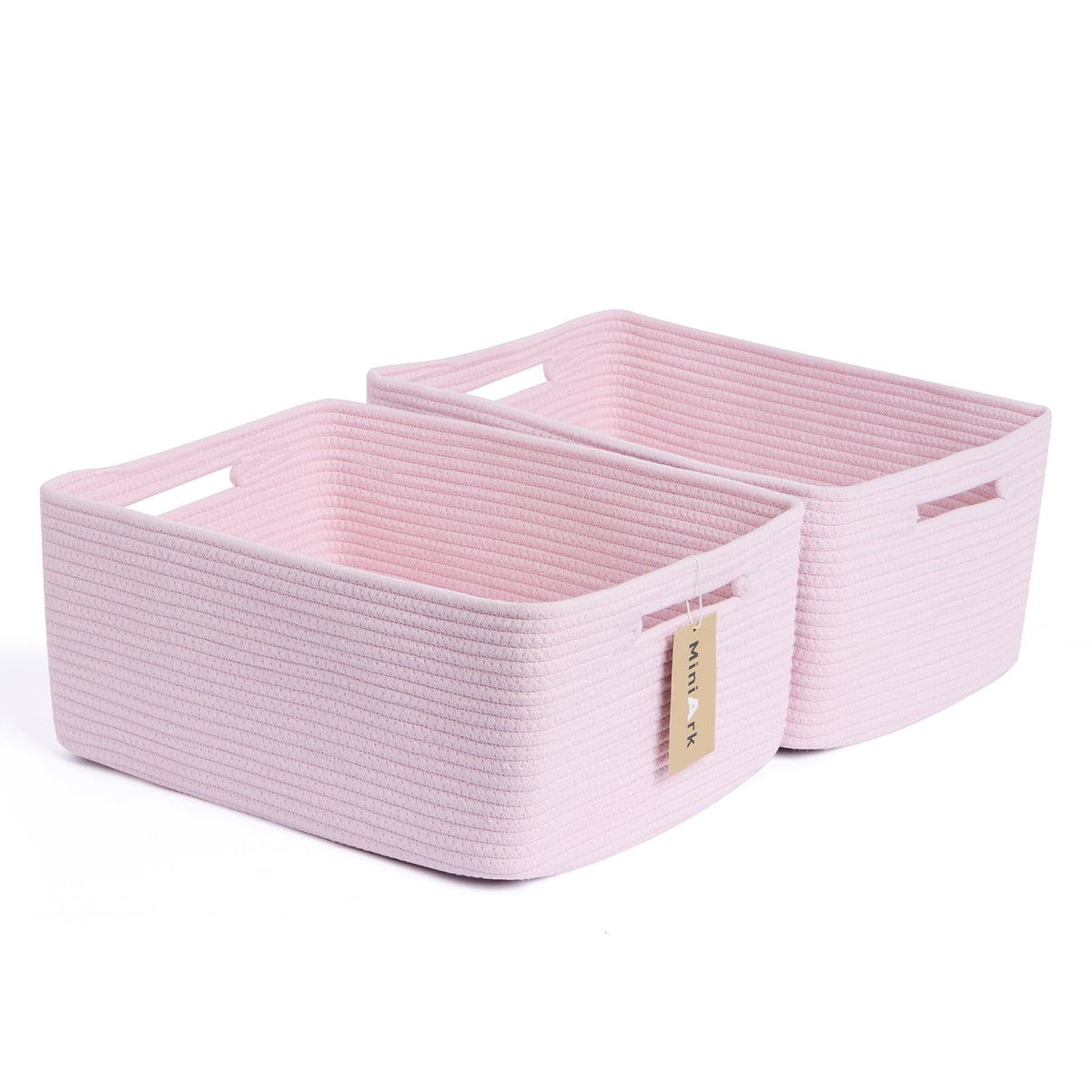 MiniArk large storage baskets in light pink on shelf for nursery organization and easy access.