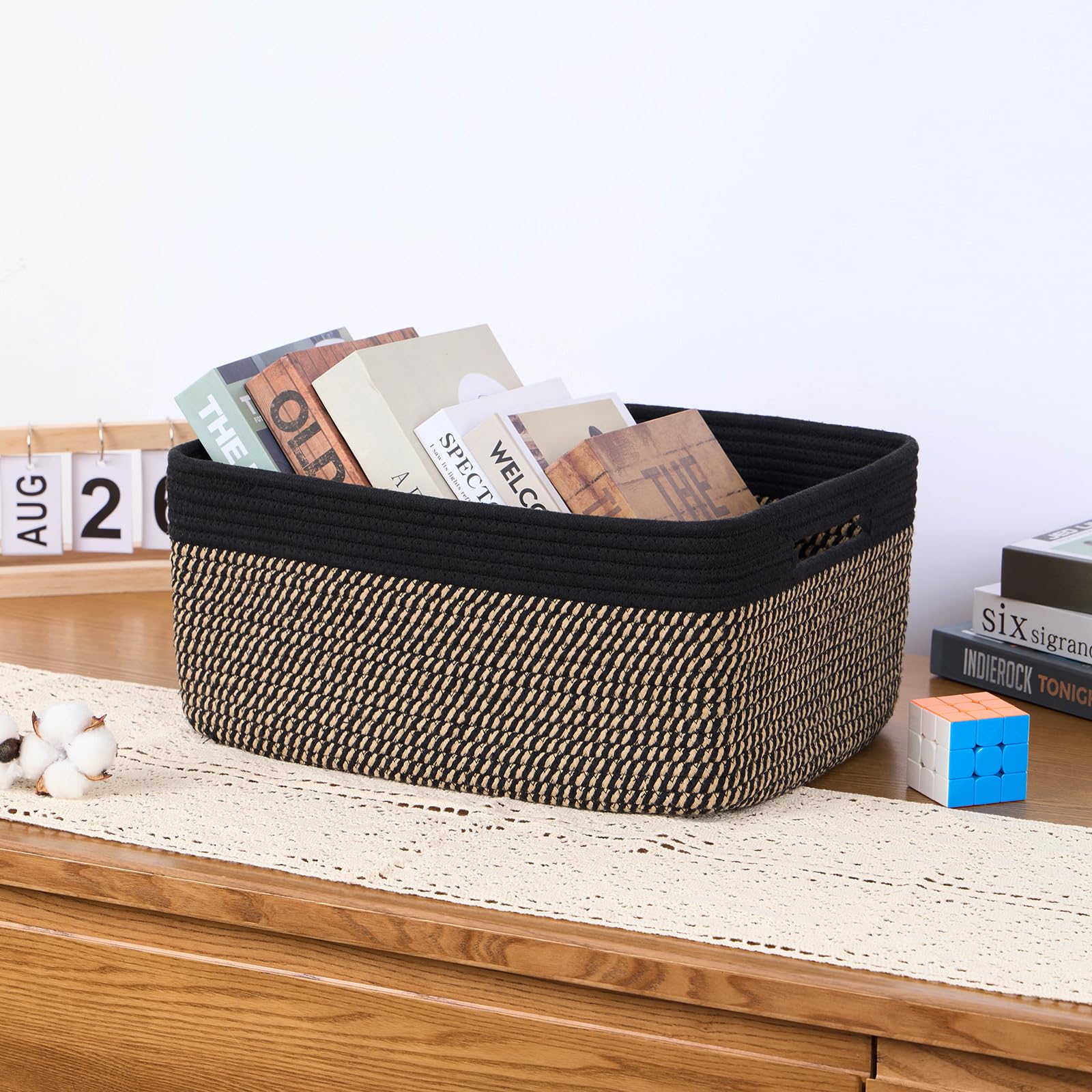 MiniArk large storage basket on shelf showcases minimalist brown woven design