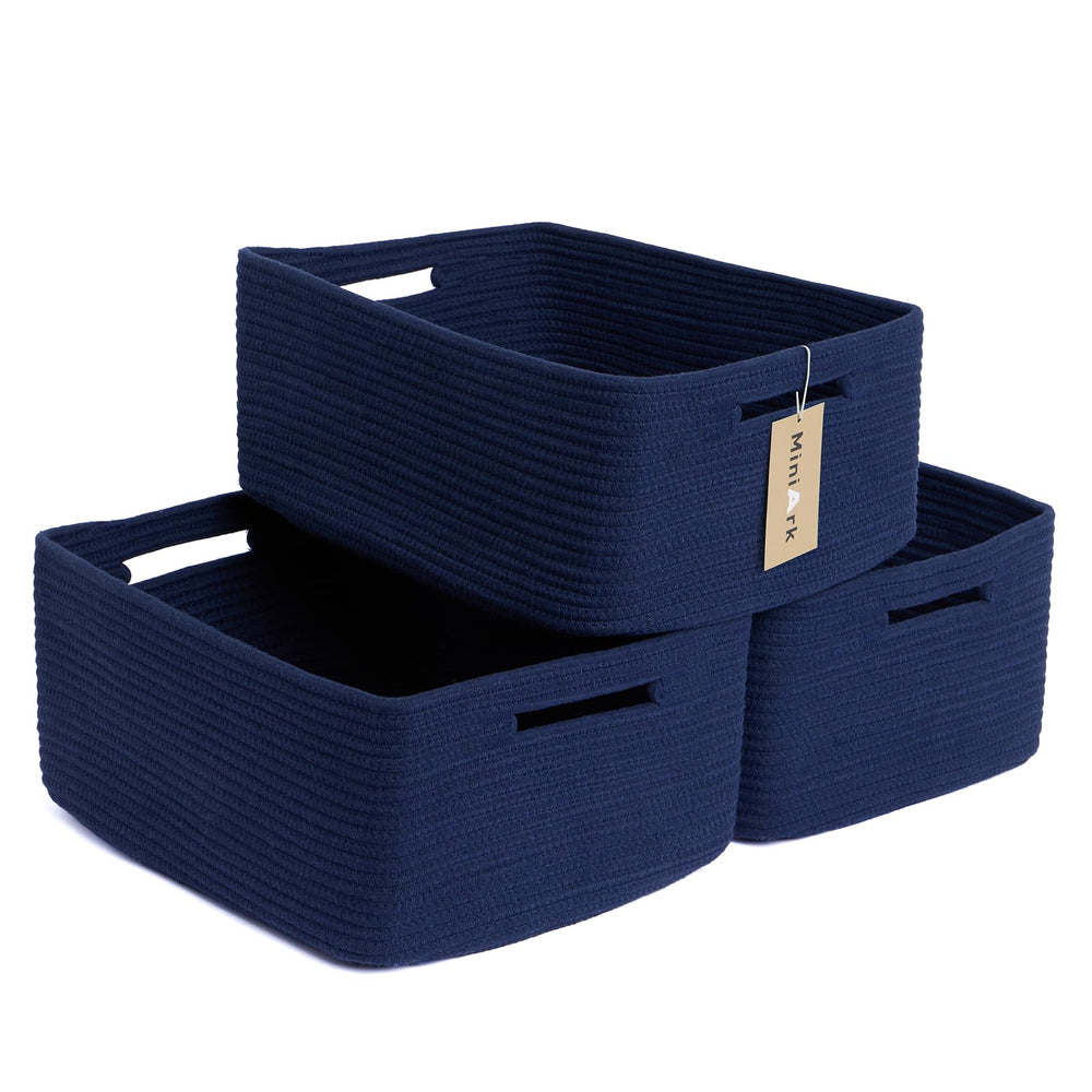 MiniArk navy large storage basket folded, soft cotton rope for nursery storage.