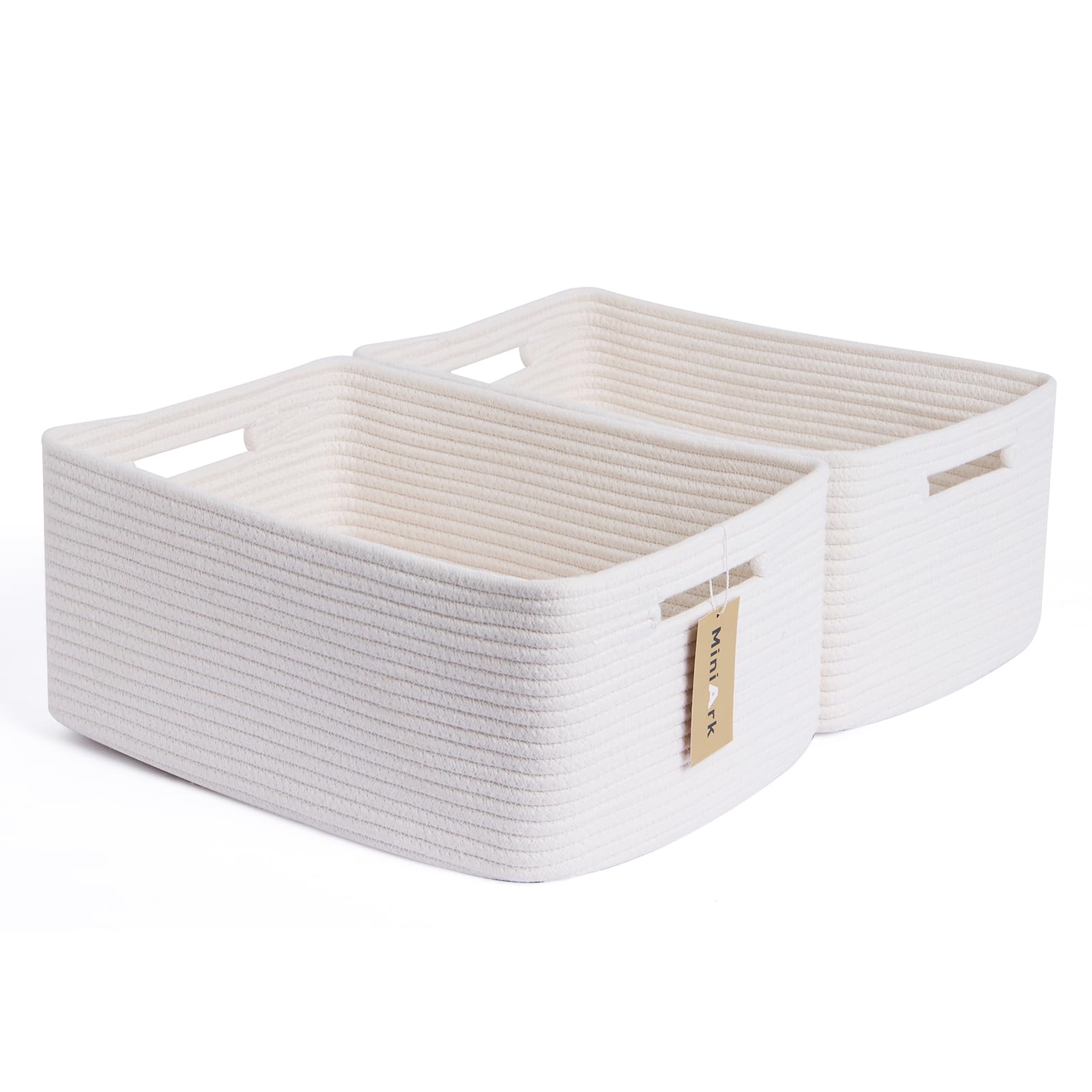 MiniArk large storage baskets on shelves for easy clothing and blanket organization.