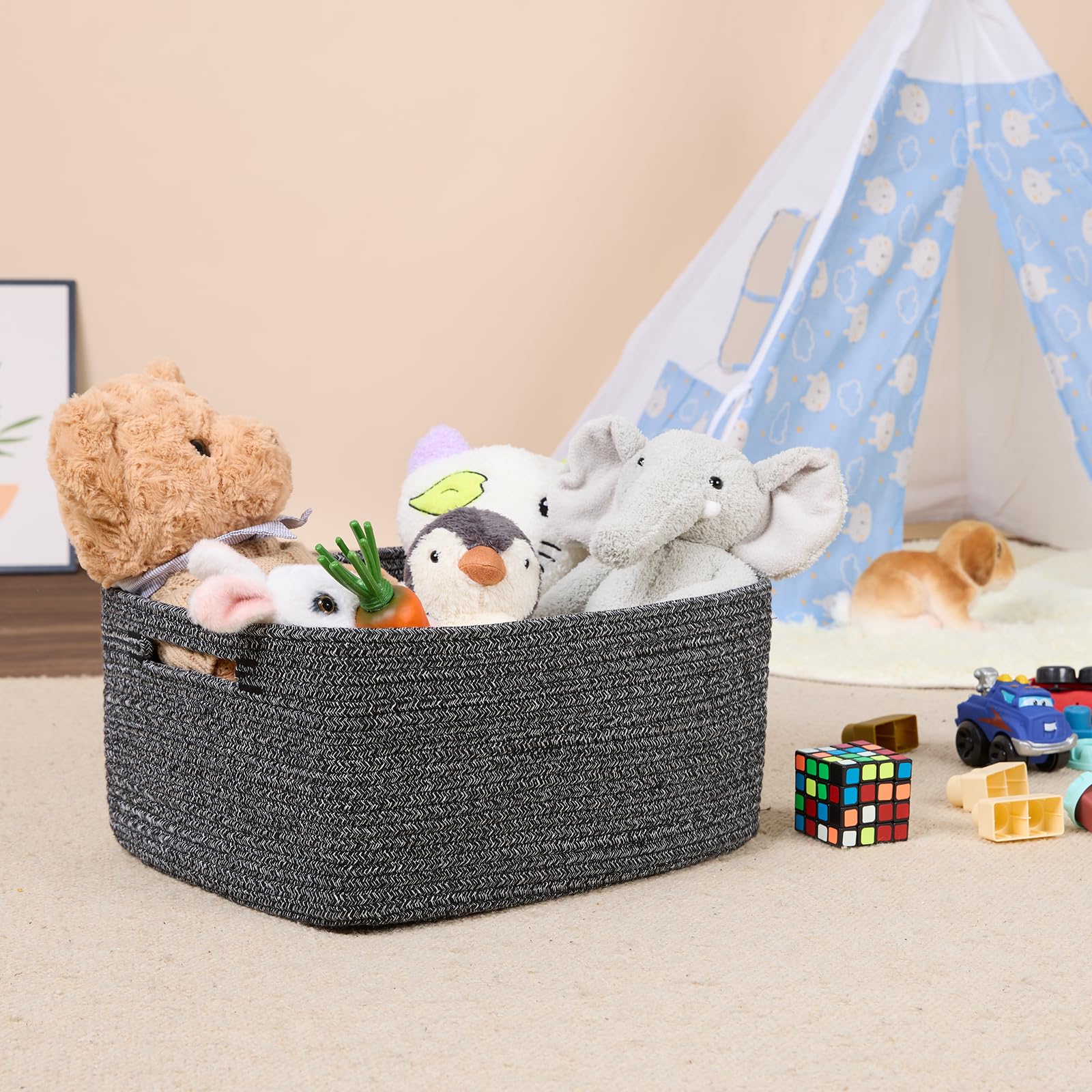 MiniArk large storage baskets toy bin arrangement in playroom for clutter-free spaces.