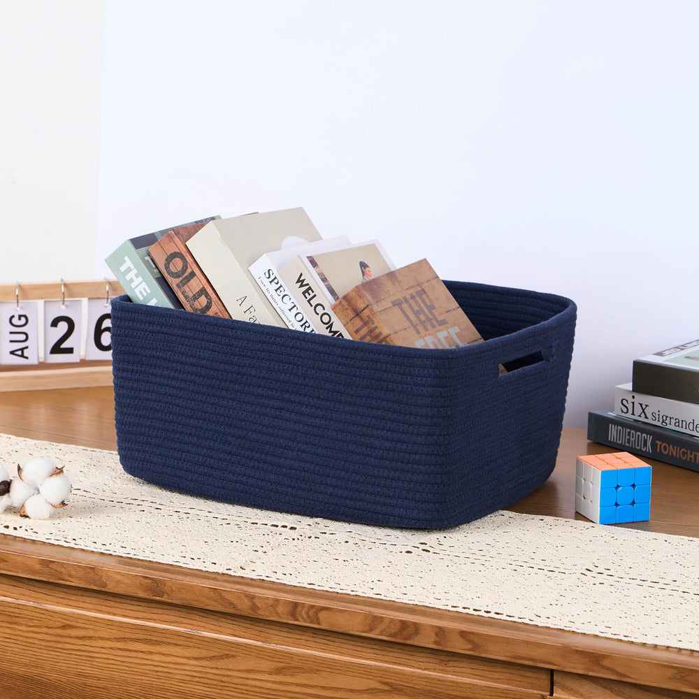MiniArk navy basket used as a toy bin in playroom.