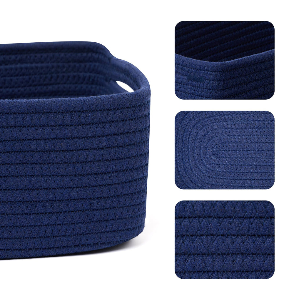 MiniArk navy-blue woven basket close-up highlights soft cotton rope quality.