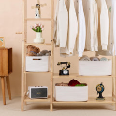 MiniArk off-white baskets stacked on shelf; space-saving closet organization.
