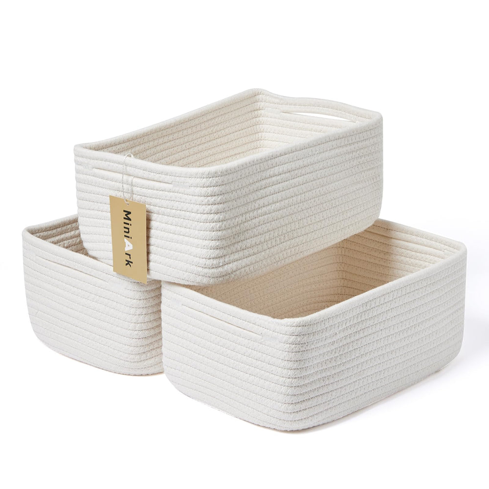 MiniArk rectangular storage baskets in off-white provide easy 3-pack organization for small items on desks.