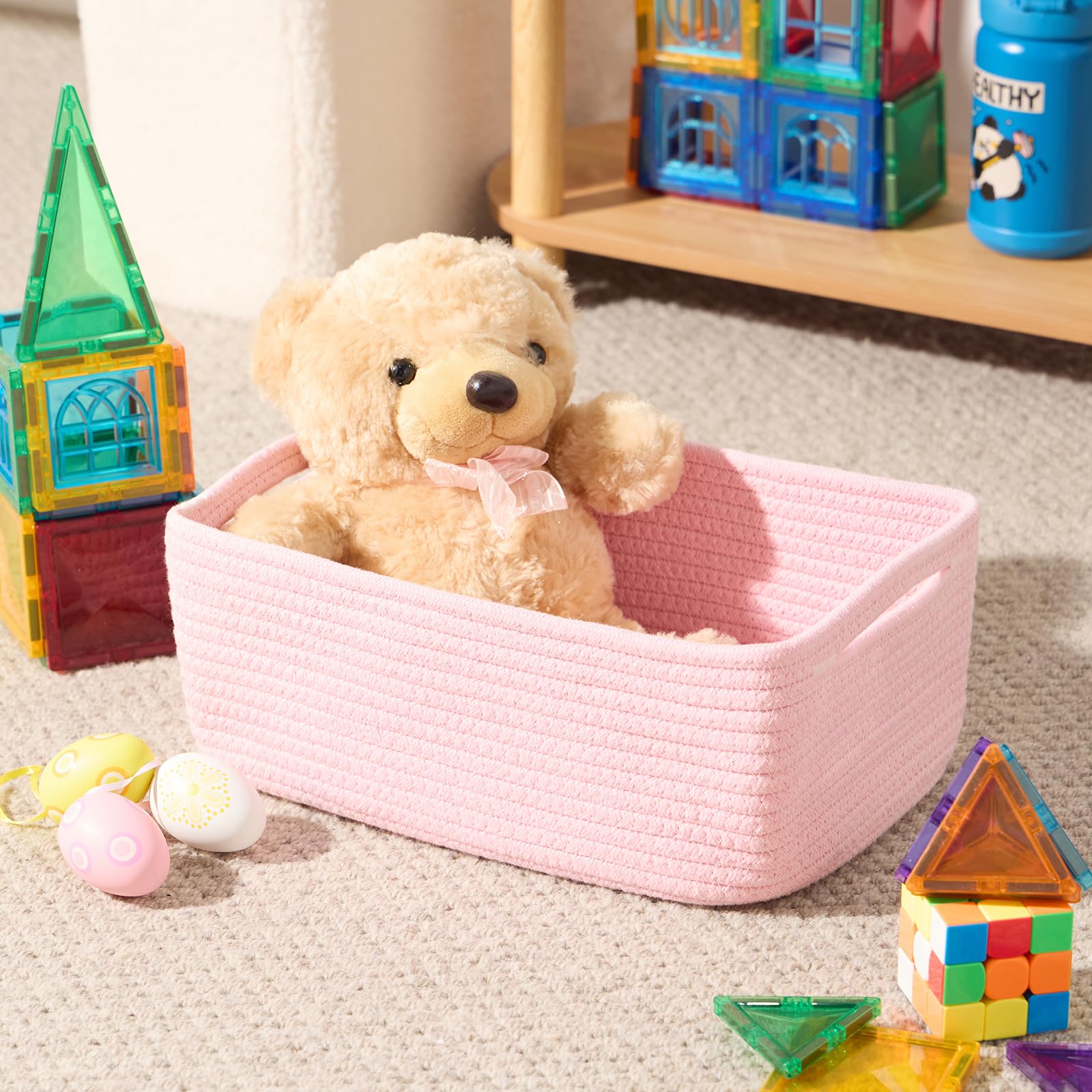 MiniArk shallow pink basket used as decorative cube box in living spaces.